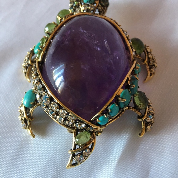 IRADJ MOINI Vintage Costume Jewelry Large Turtle Gemstone Brooch Pin Pendant - Picture 6 of 7